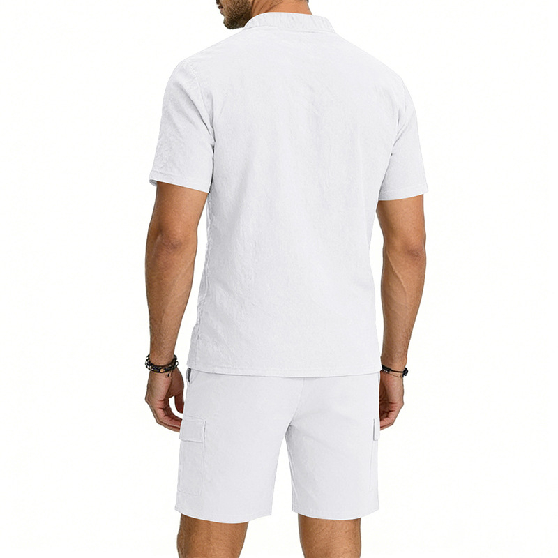 Conjunto de dos piezas European Style de lino casual Stand Collar de manga corta camisa and Cargo shorts Set, Lightweight transpirable Summer Outfit, holgado Fit Drawstring for Beach Vacation Travel Resort Streetwear Comfortable elegante Loungewear para hombre