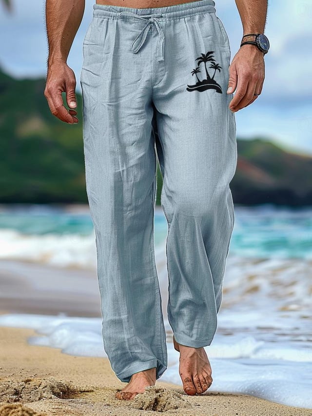 Pantalón Drawstring Elastic Waist Straight Comfortable And transpirable para exterior Vacation Beach Vacation casual para hombre