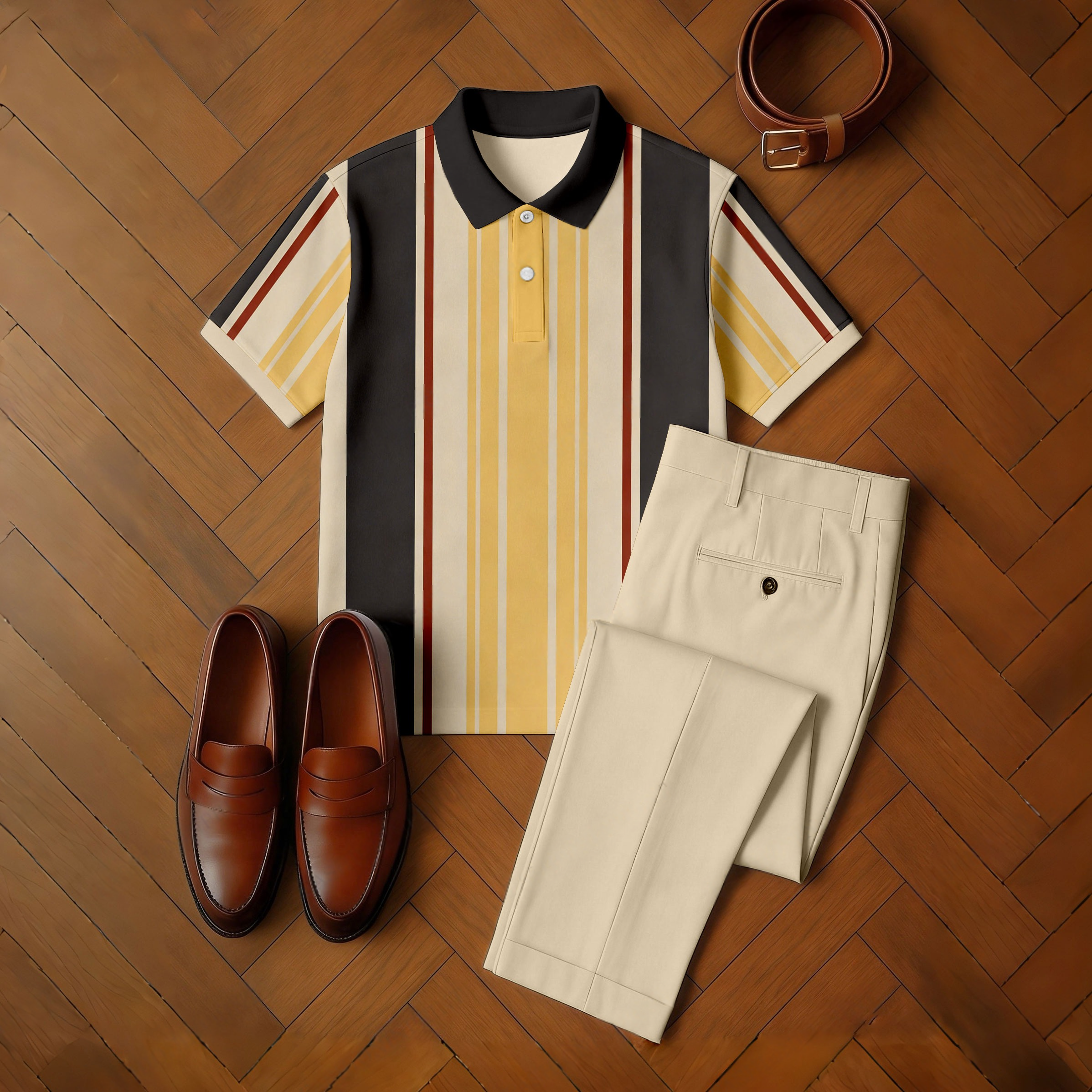 Conjunto de dos piezas casual Light Yellow & Dark Brown Color Matching a rayas estampado de manga corta camisa polo & Trousers para hombre