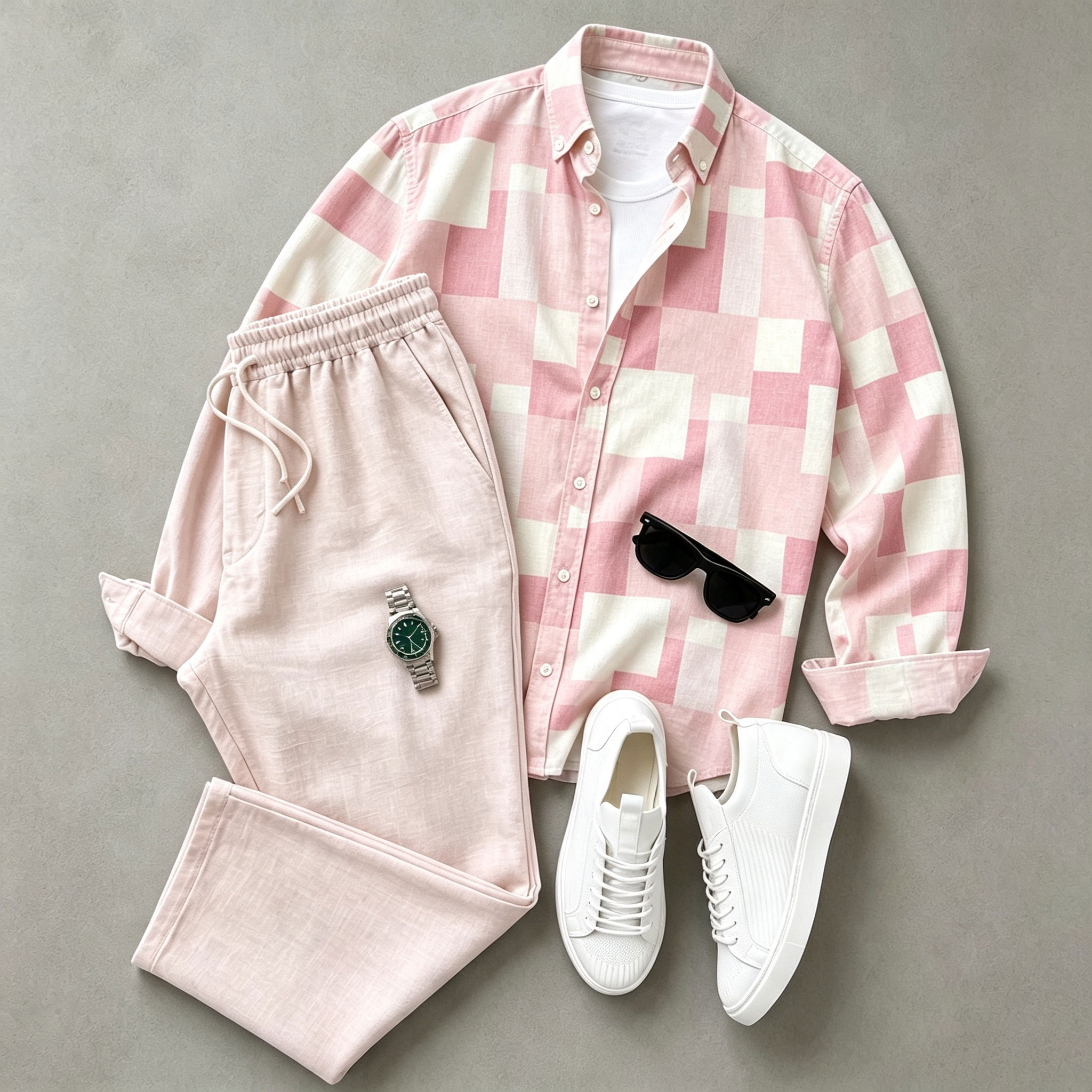 para hombre Checkered de manga larga camisa and pantalón Set