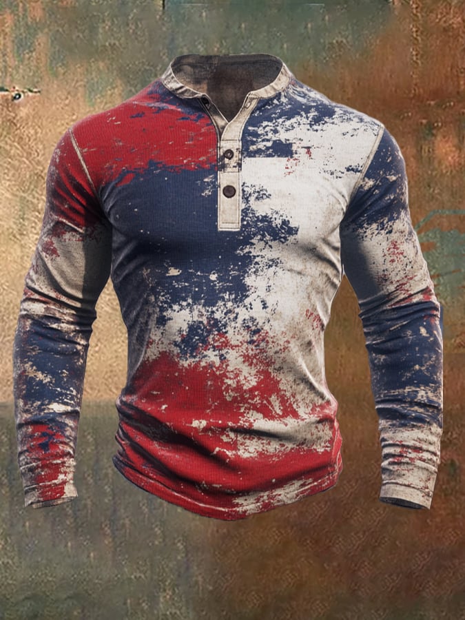Retro en bloques de color de manga larga Henley para hombre