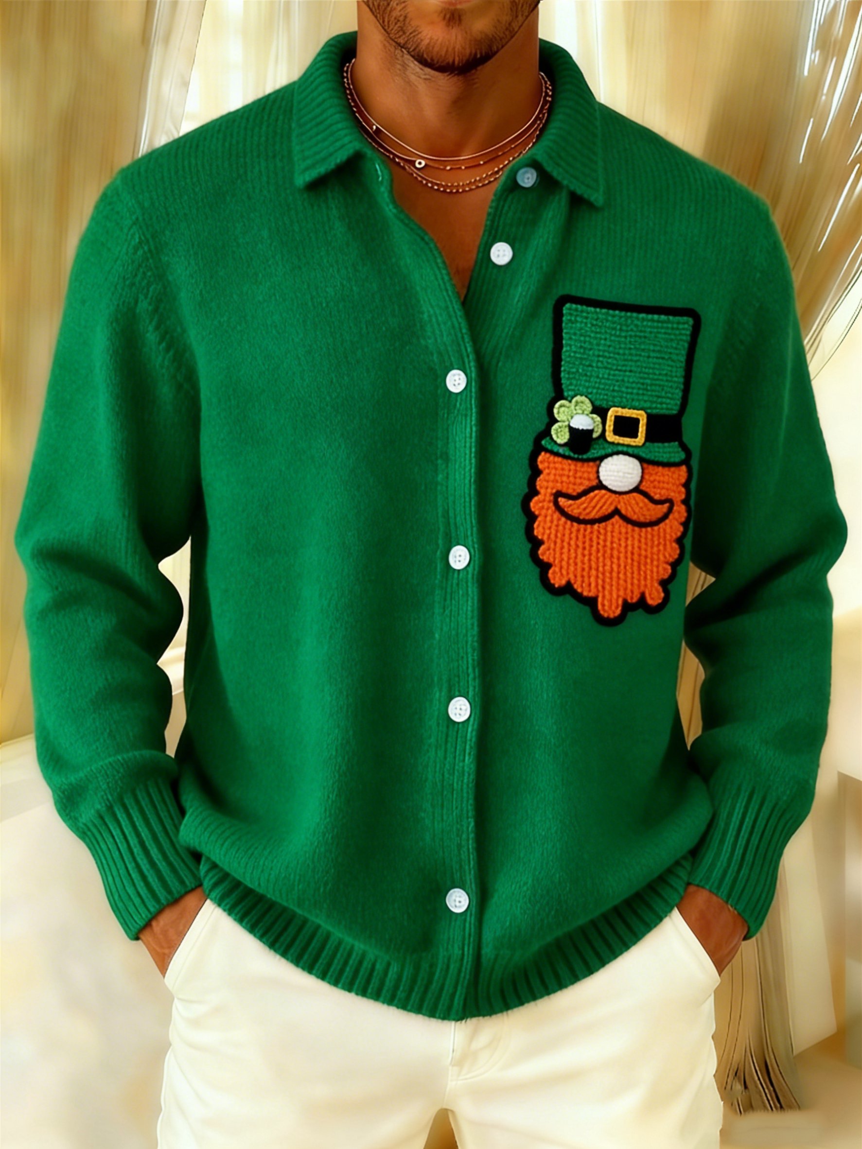 Cárdigan St. Patrick’s Day a cuadros Leprechaun Shamrock suave Cozy tejido camisa para hombre
