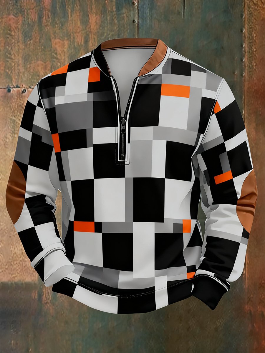 Sudadera retro Bauhaus geométrico Style estampado Quarter Zip para hombre