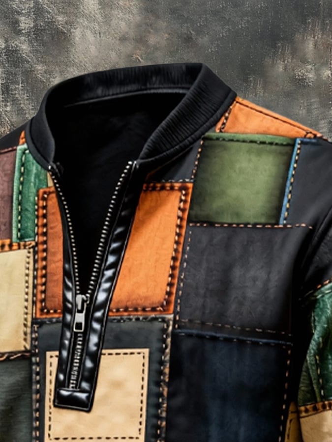 Sudadera vintage Color-Block estampado con cierre con gorrasucha para hombre