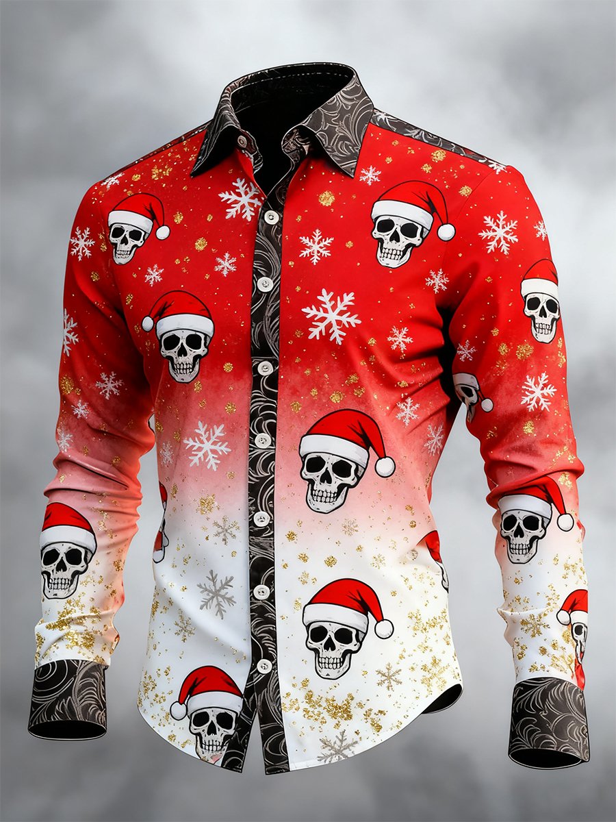 Camisa vintage Christmas Skull de manga larga para hombre