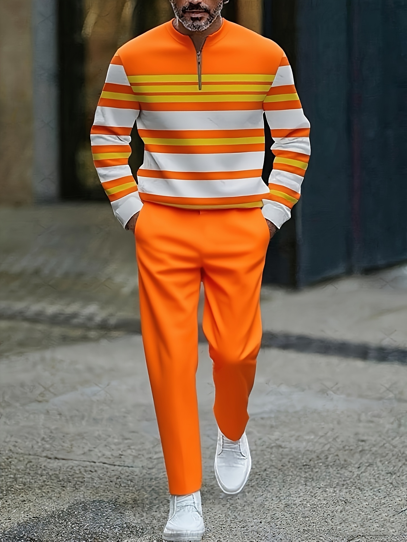 Conjunto de dos piezas casual Orange Color Matching a rayas estampado Round-Neck cierre de manga larga Tops & Trousers para hombre