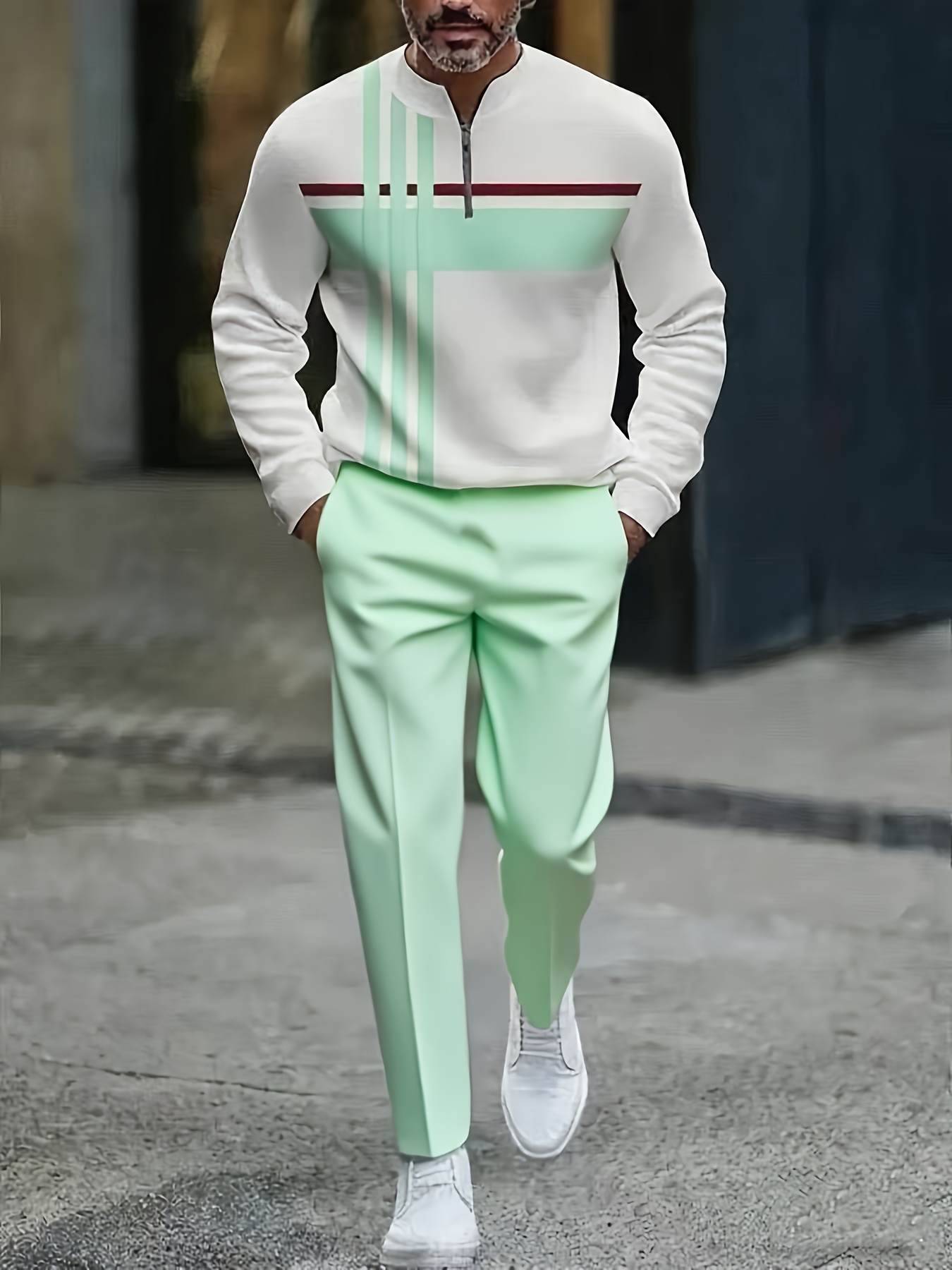 Conjunto de dos piezas casual Color Matching estampado Round-Neck Zipper de manga larga Trousers para hombre