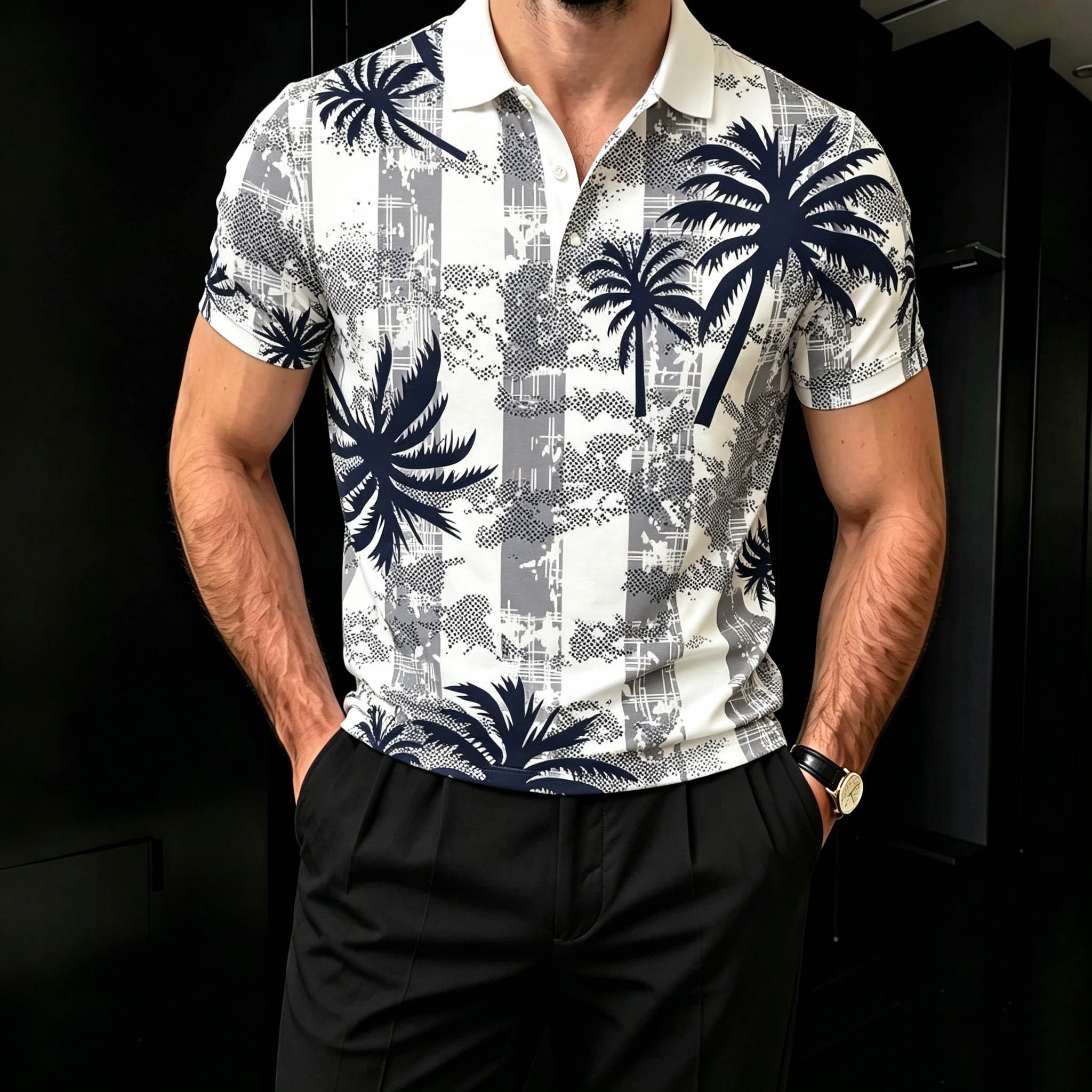 Camisa polo casual Navy Color Palm Leaves estampado de manga cortas para hombre