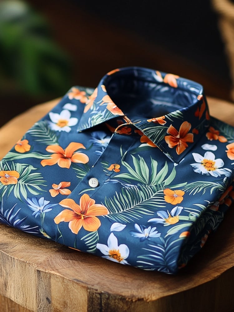 Camisa satén Luxe hawaiano estampado de manga corta Button para hombre