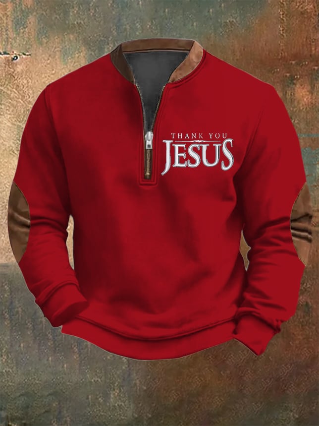 Sudadera vintage Faith "Thank You Jesus" estampado Zip cuello para hombre