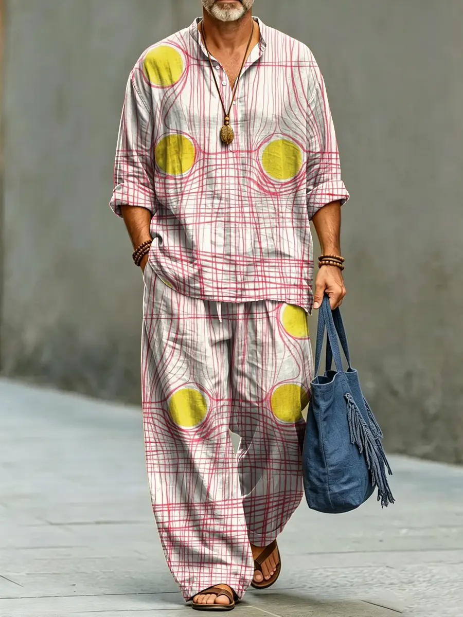 para hombre retro Abstract Texture Print de algodón camisa Set
