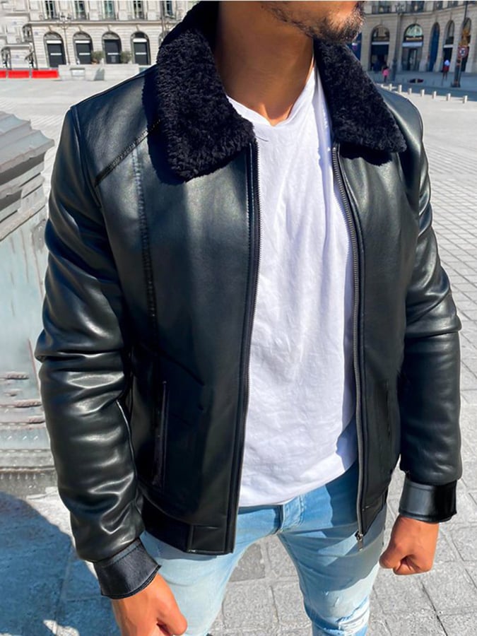 Chaqueta Punk casual Plush Faux cuero para hombre