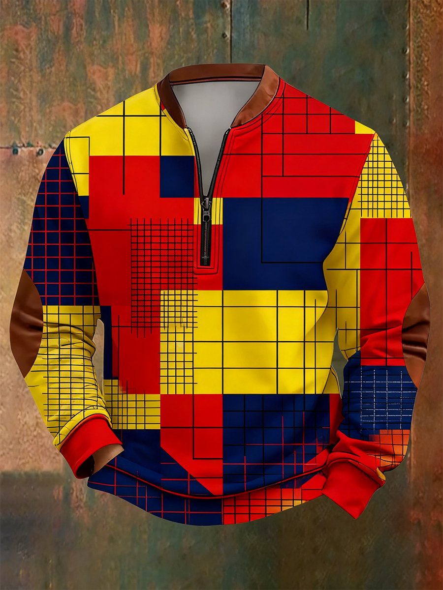 Sudadera retro Bauhaus geométrico Style estampado Quarter Zip para hombre