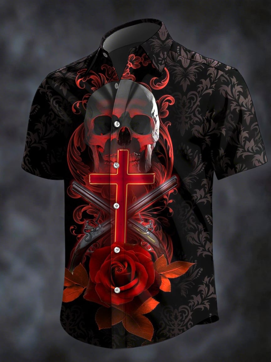 Camisa retro Horror Skull estampado solapa de manga corta para hombre