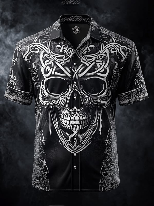 Camisa vintage Skull and floral de manga corta para hombre
