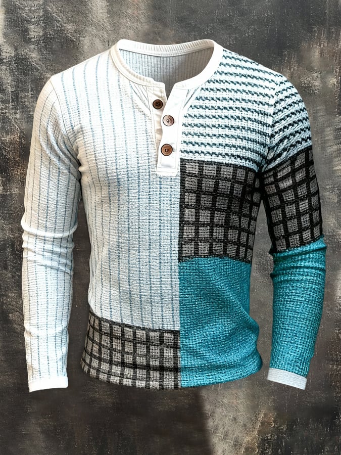 Camiseta retro Stitching Contrast Color Henley cuello de manga larga para hombre