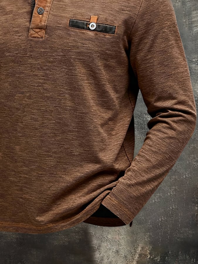 Camisa polo vintage-Style Color-Block Patchpara trabajo de manga larga para hombre