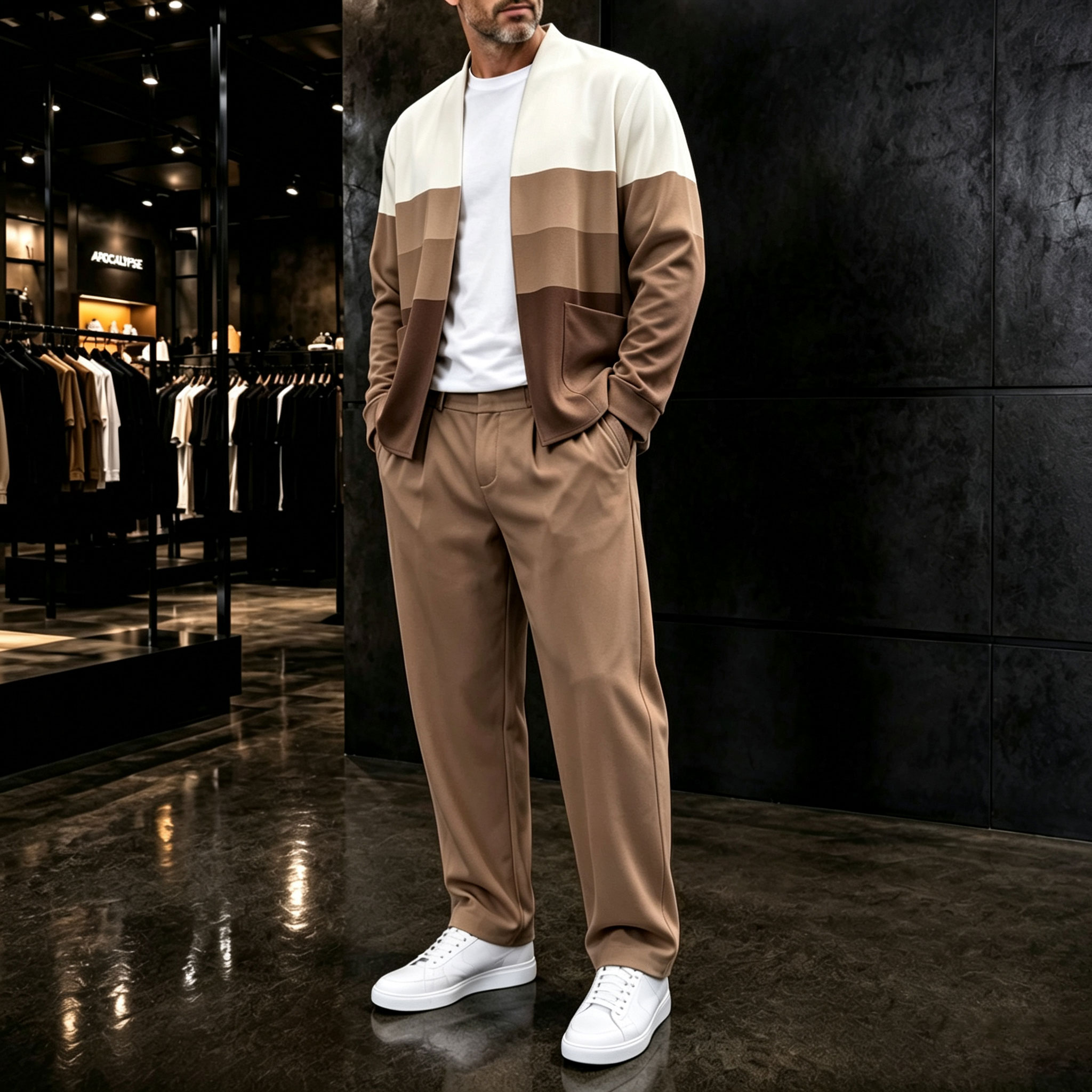 para hombre conjunto de dos piezas: Color-Blocked Cardigan and pantalón