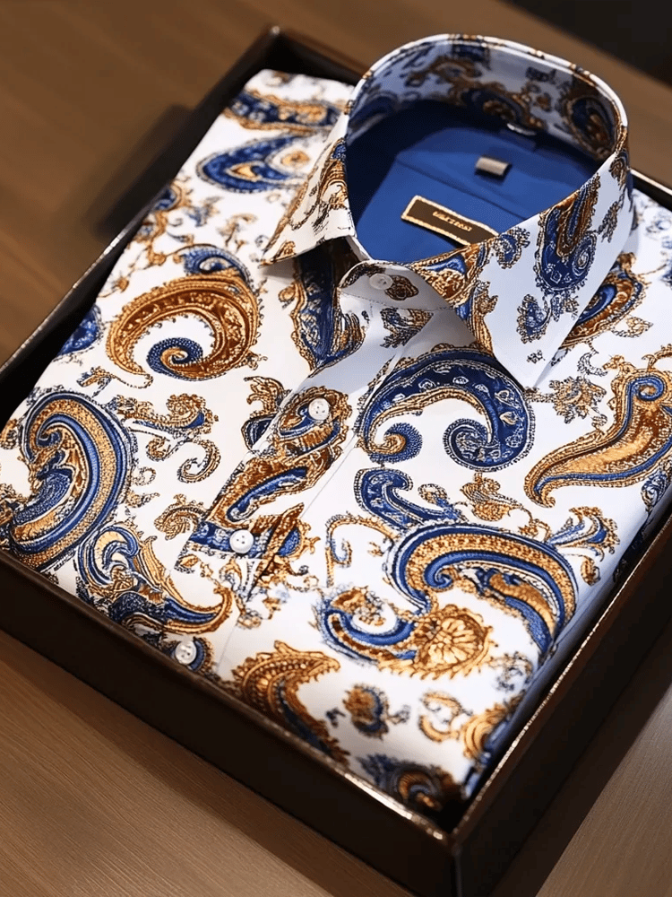 Camisa de lujo Romantic Contrast Color estampado de manga larga para hombre