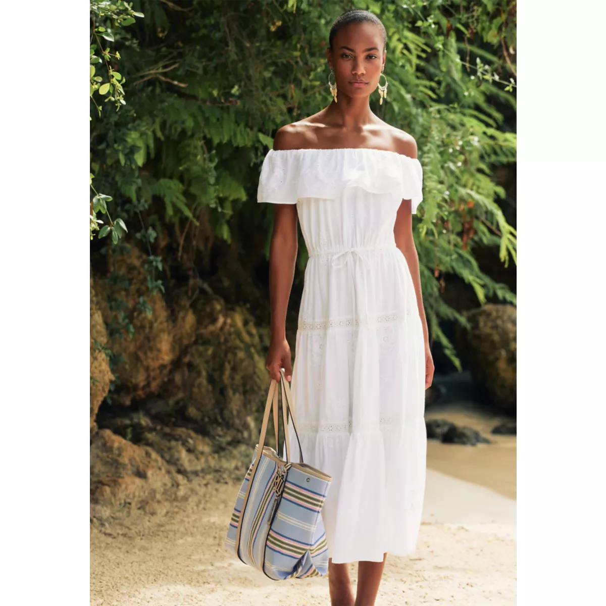 Cotton Off the Shoulder Tiered Dress - 5