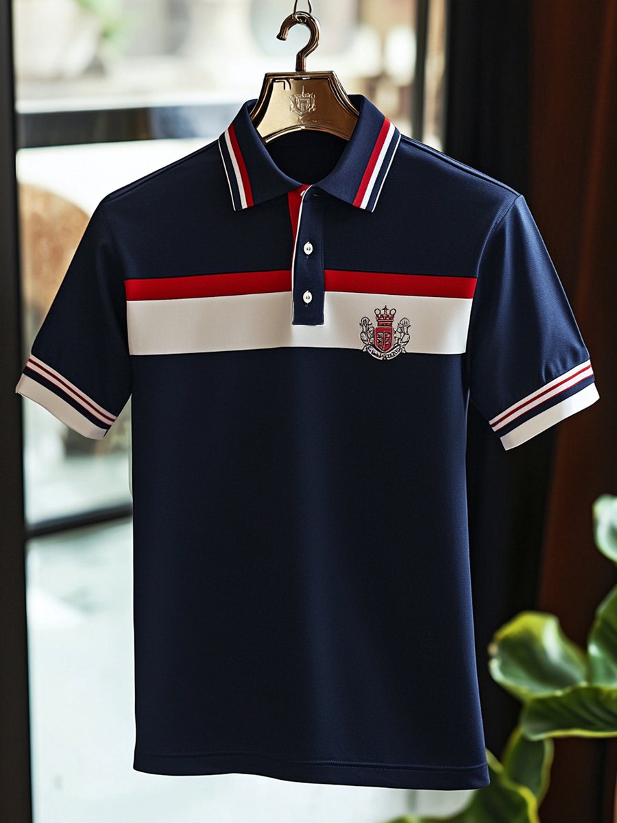 Camisa polo ejecutivo rayas Logo con botones de manga corta para hombre