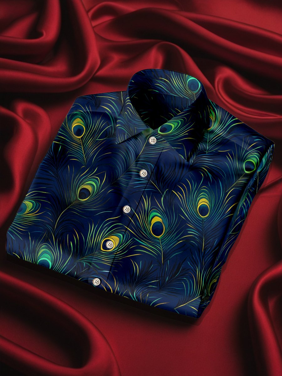 Camisa seda Peacock Feather de lujo ejecutivo de manga larga para hombre