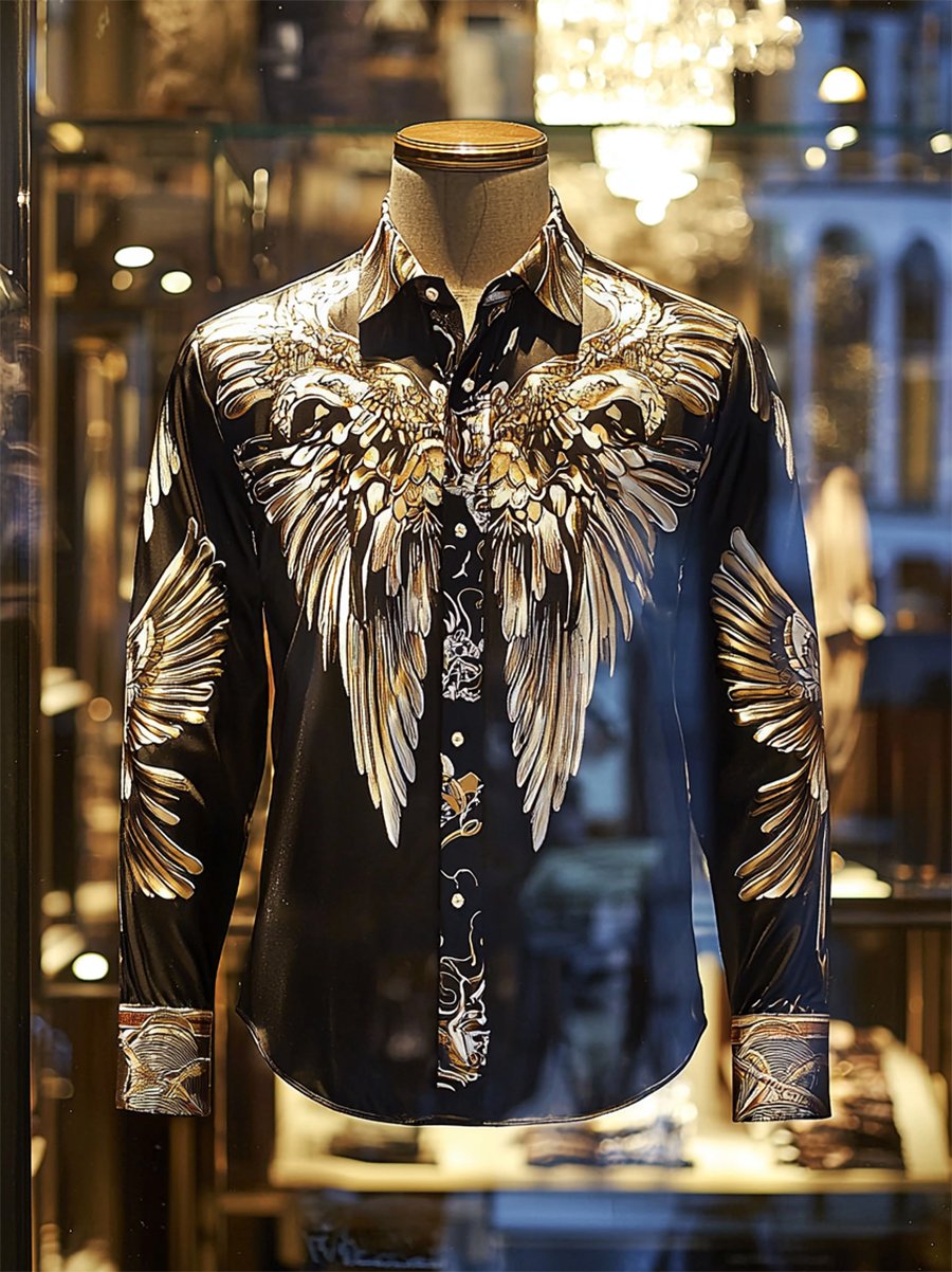 Camisa satén Luxe Wings de manga larga con botones para hombre