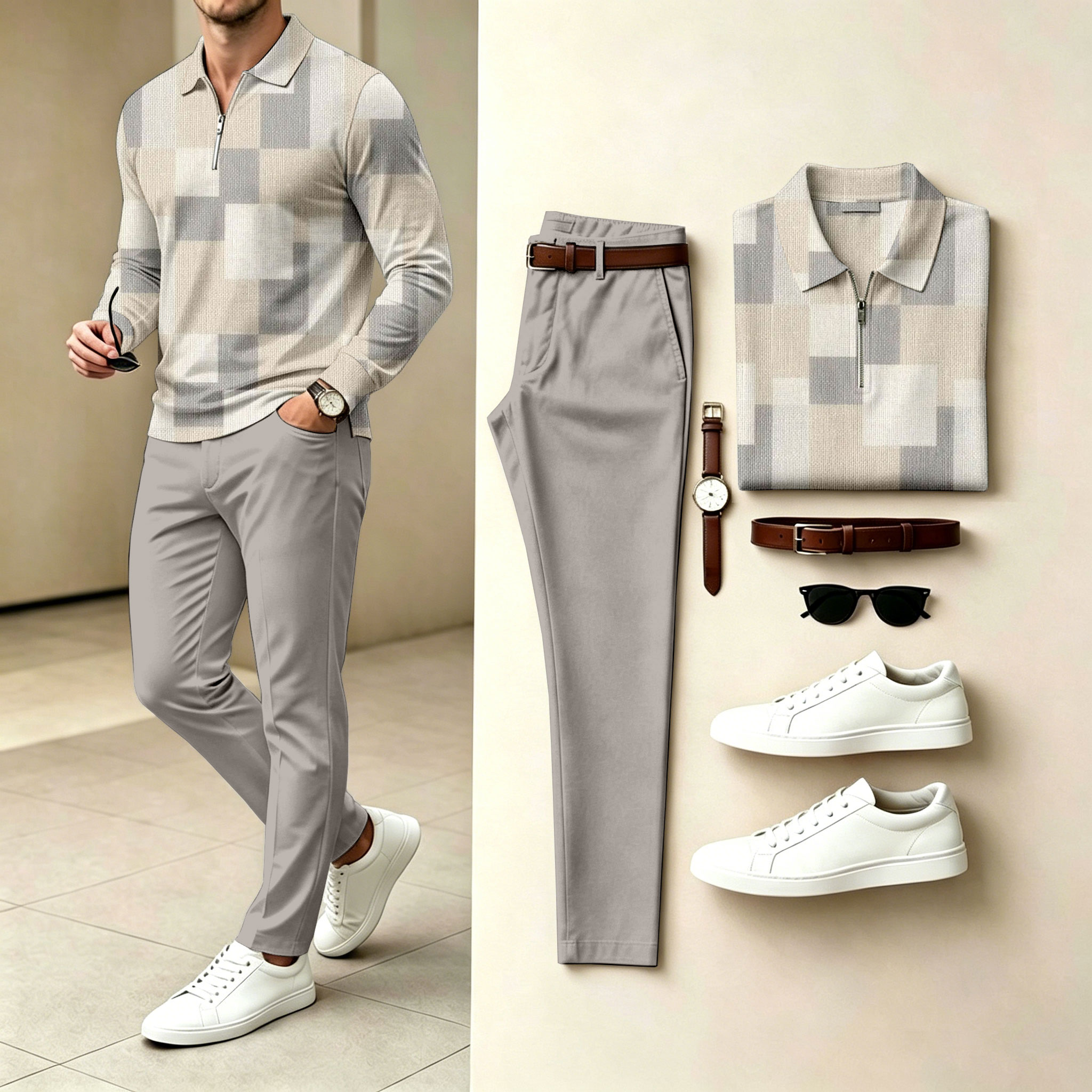 Conjunto de dos piezas Checkered Polo-Collar Zipper de manga larga camisa and pantalón para hombre
