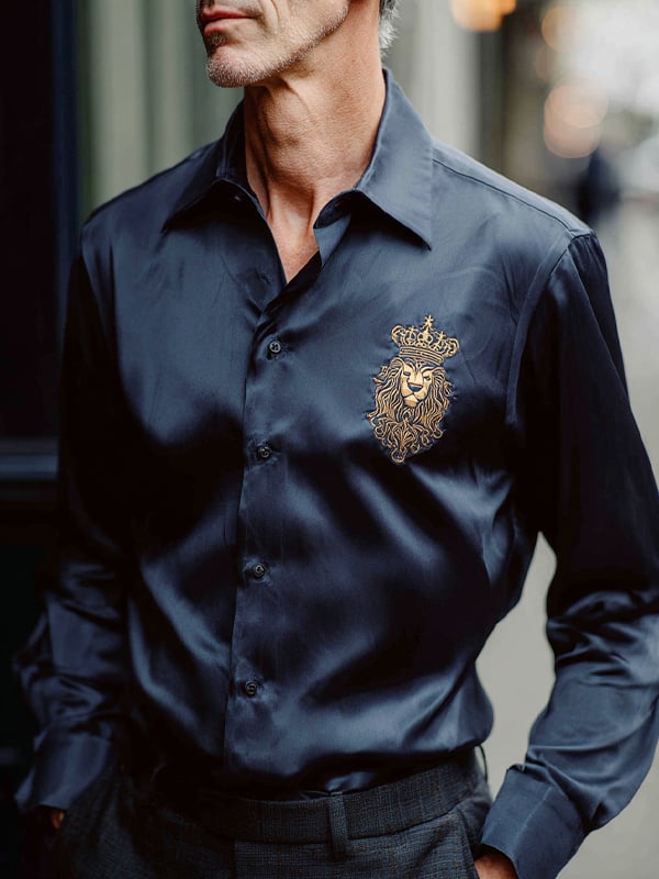 Camisa satén Luxe Crown Logo Button de manga larga para hombre