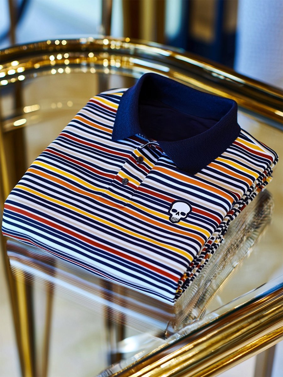 Camisa polo ejecutivo casual a rayas Skull Button de manga corta para hombre