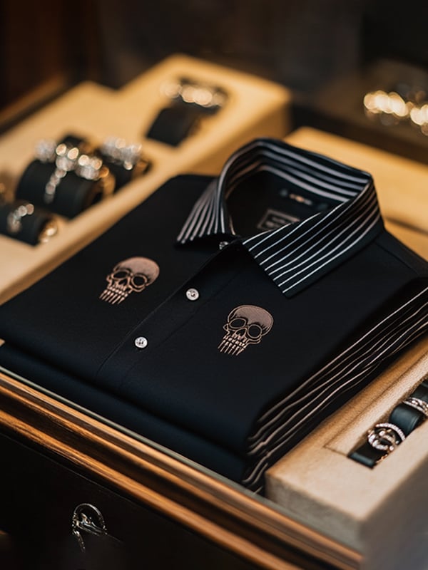 Camisa polo ejecutivo casual Skull estampado con botones para hombre