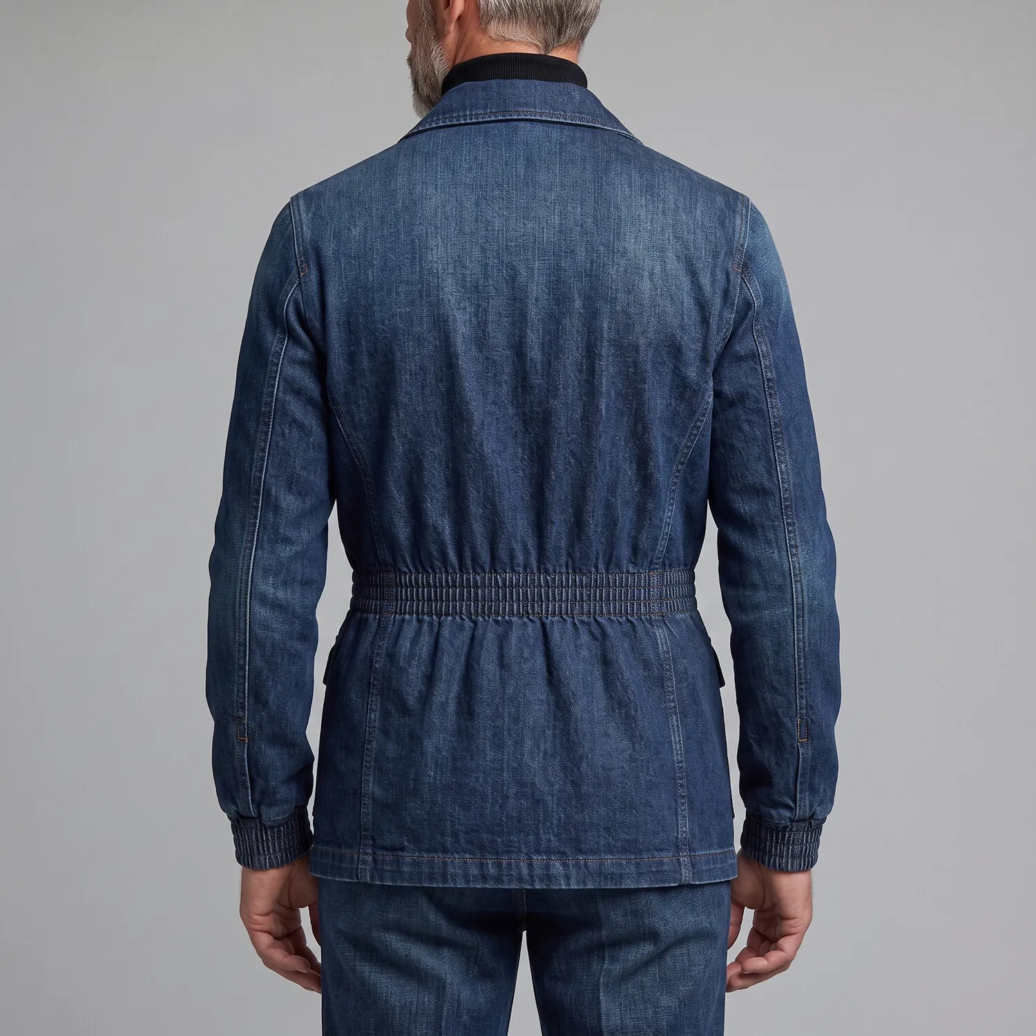 para hombre retro Navy Blue Multi-Pocket Elastic Waist Wash Denim Safari chaqueta