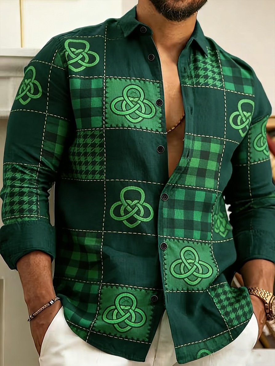 Camisa vintage St. Patrick's Day diseño de manga larga para hombre