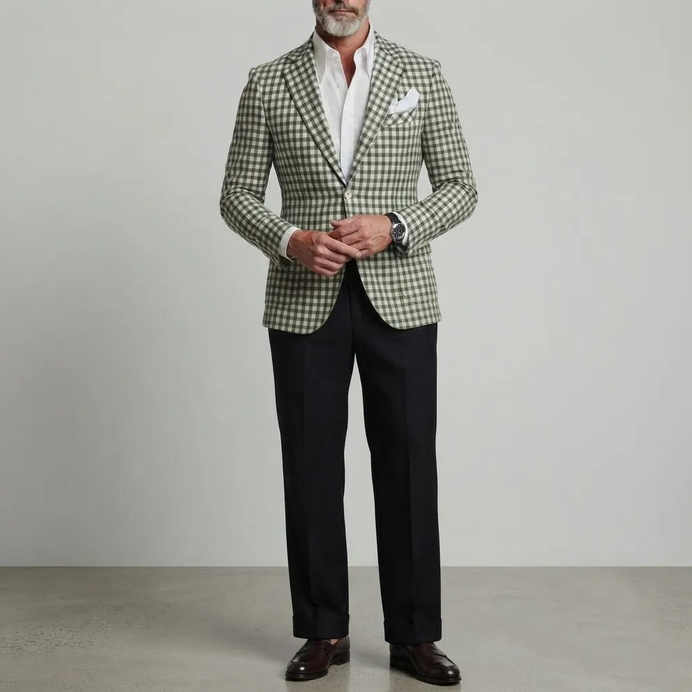 para hombre clásico Green Gingham Print Single Breasted Notch Lapel de corte entallado saco