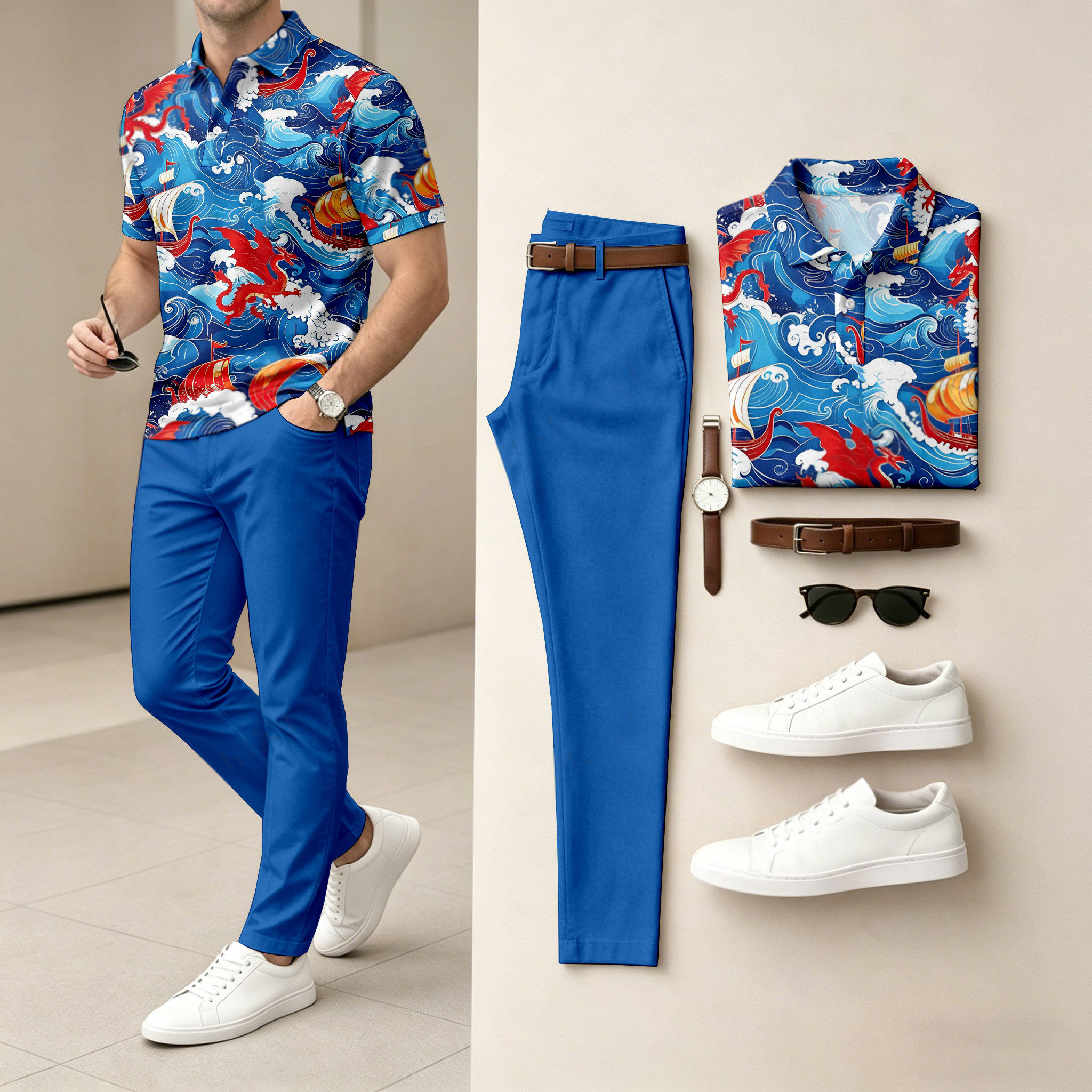 Camisa polo casual Color-Blocked Wave-estampado de manga corta And pantalón Set (Excludes Accessories Such As Watches And Belts) para hombre