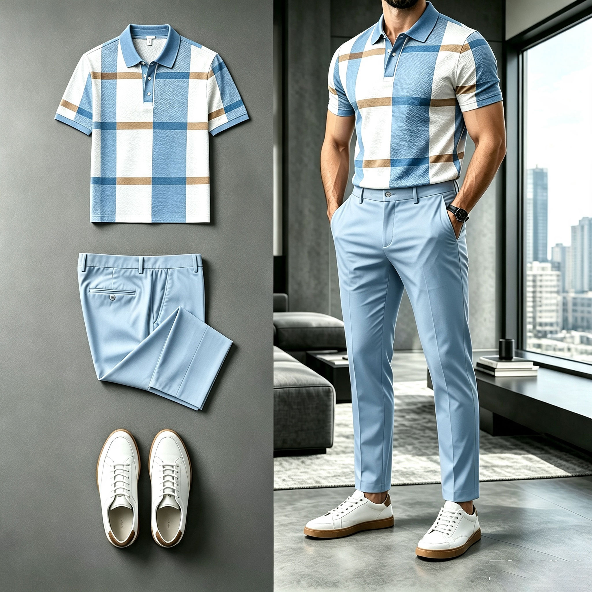 para hombre Checkered de manga corta camisa polo and pantalón Set