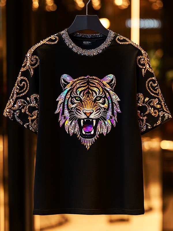 Camiseta ejecutivo Tiger de lujo estampado de algodón de manga corta para hombre