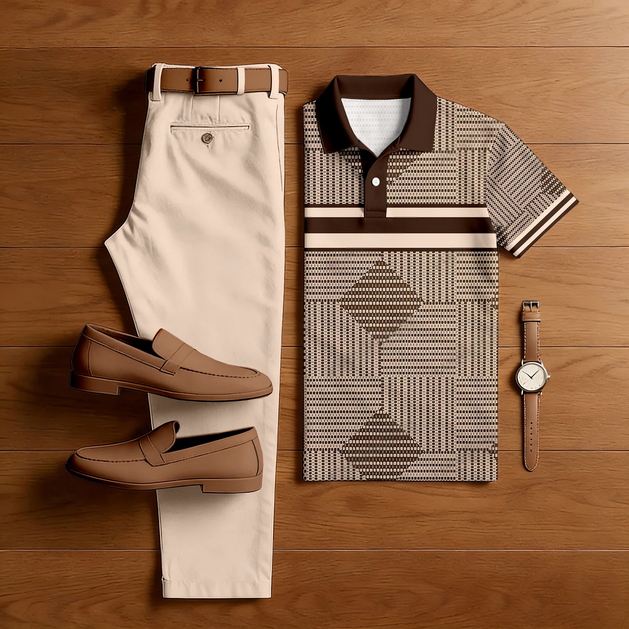 Conjunto de dos piezas casual Apricot & Brown Color Matching retro Style estampado de manga corta camisa polo & Trousers para hombre