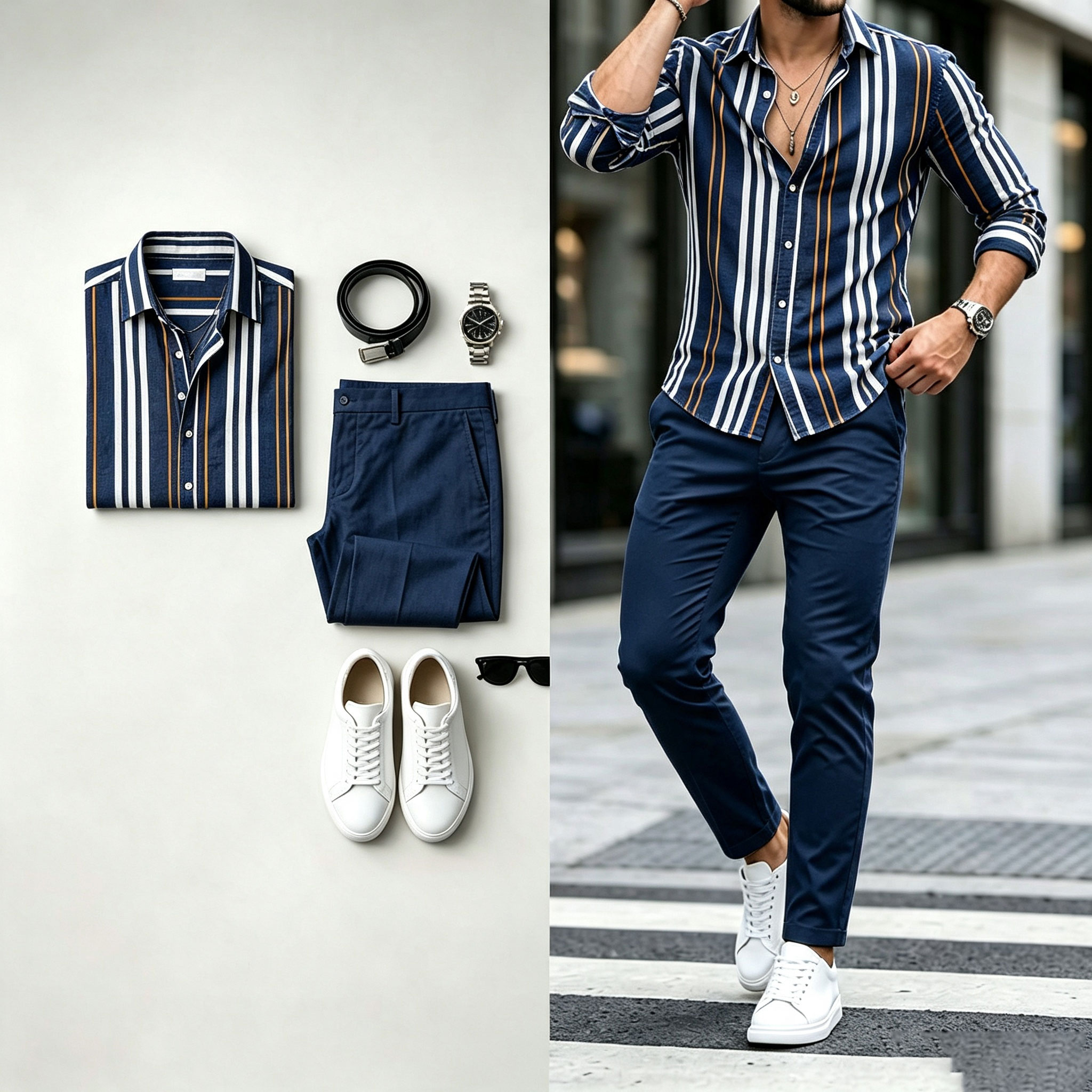 para hombre a rayas Print de manga larga camisa and pantalón Set