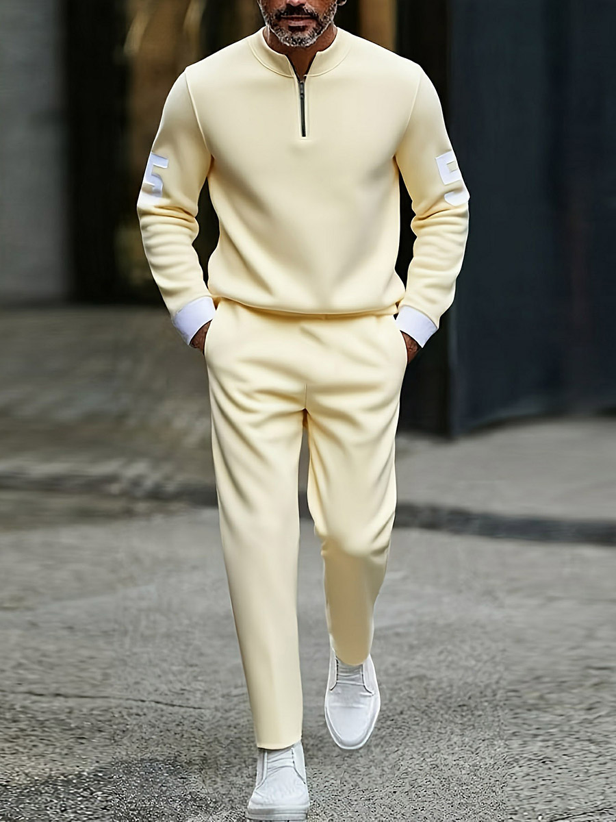 Conjunto de dos piezas casual Yellow & White Color Matching "5" estampado Round-Neck Zipper de manga larga sudadera & Trousers para hombre