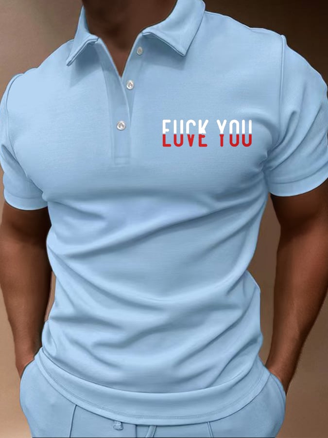 Camisa polo F*ck You Love You estampado de manga corta casual para hombre
