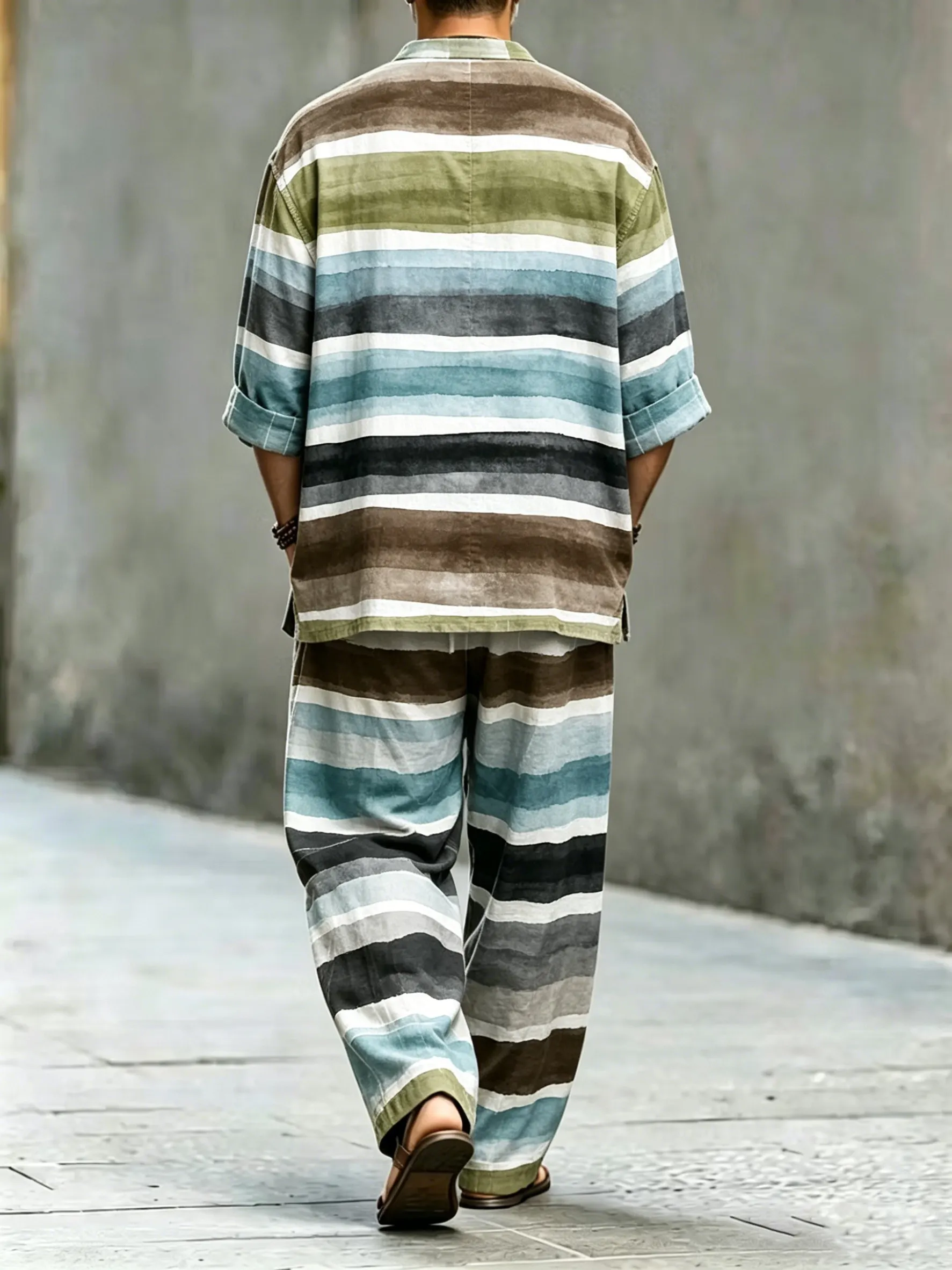 para hombre vintage Abstract Art estampado de algodón camisa Set (Top & pantalón)