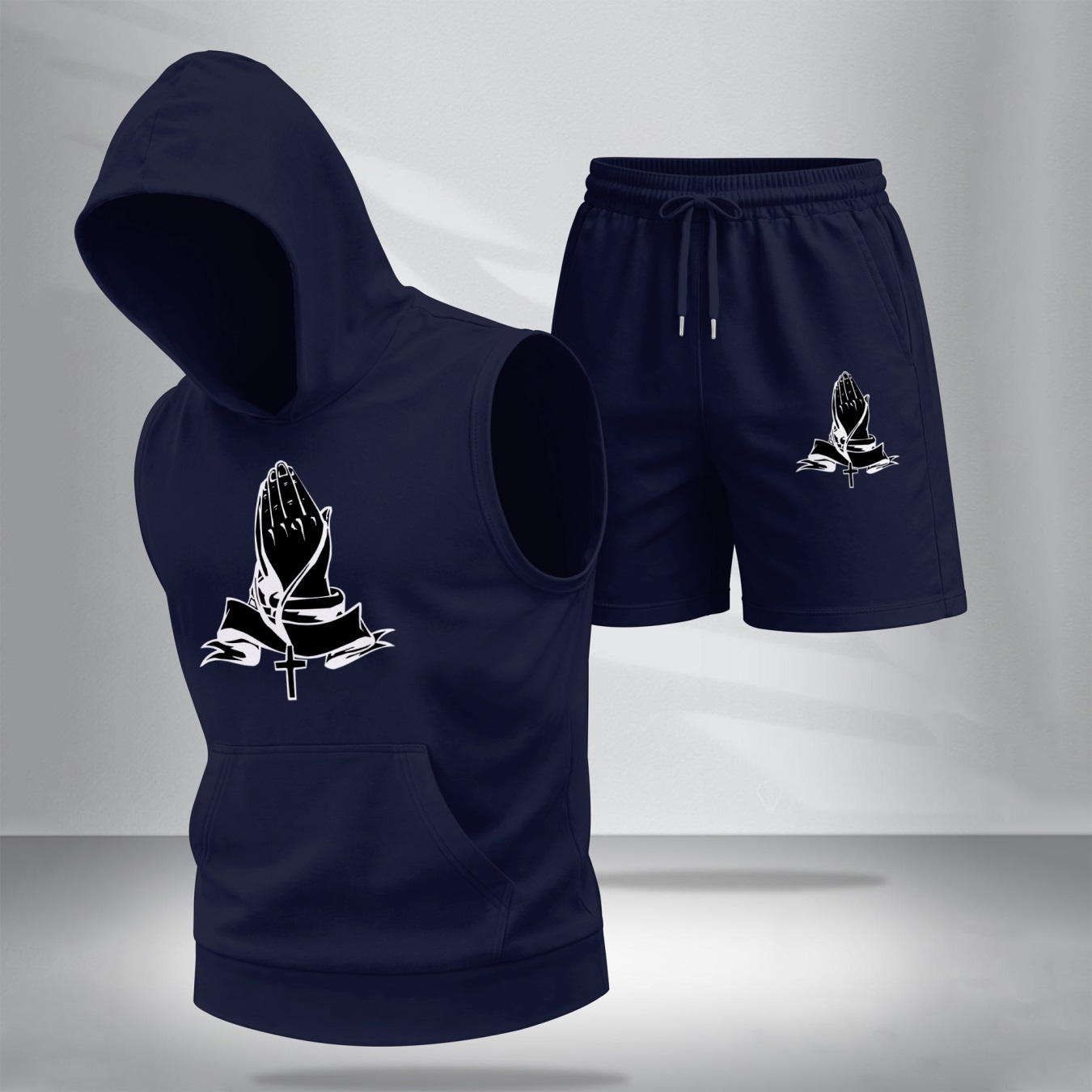 Sudadera con capucha Sleeveless & shorts Set – Praying Hands Graphic, Faith Cross Design, casual Summer Streetwear, Lightweight Comfort Fit, TikTok Hot Trend, Gym & para uso diario Wear para hombre