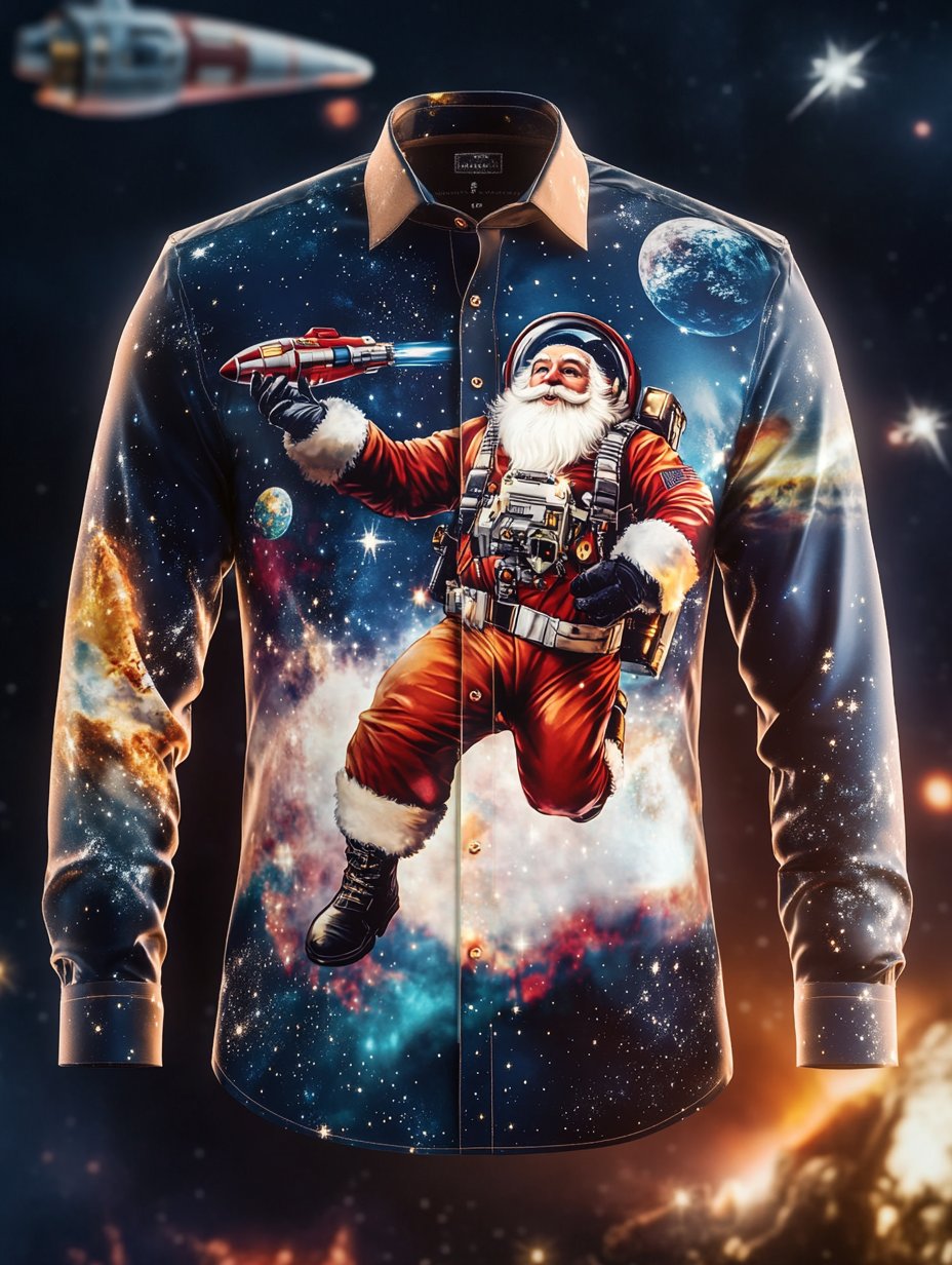 Camisa Space Christmas estampado de manga larga para hombre