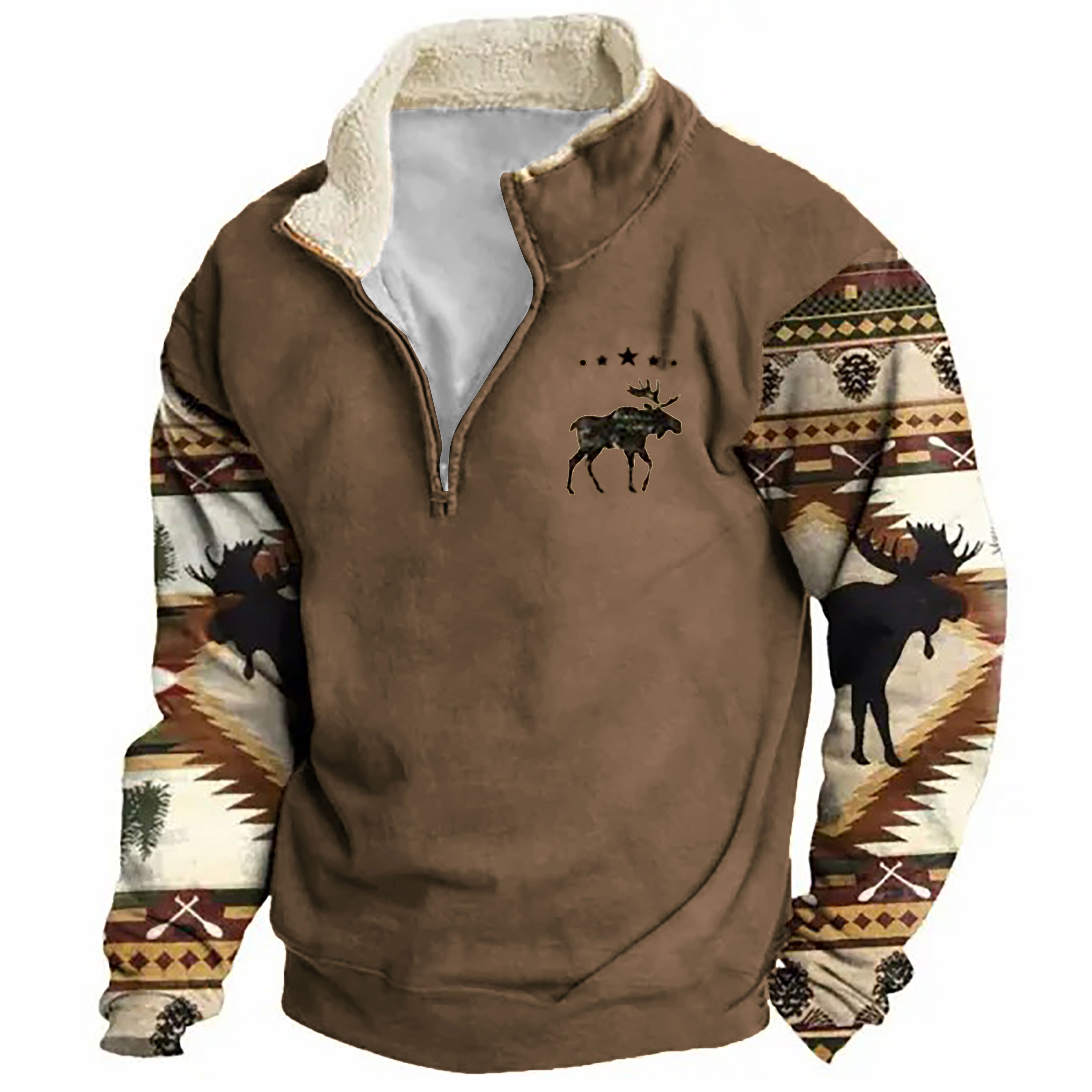 Sudadera retro Moose Creek Ethnic estampado Plush Half Open cuello Pullover para hombre
