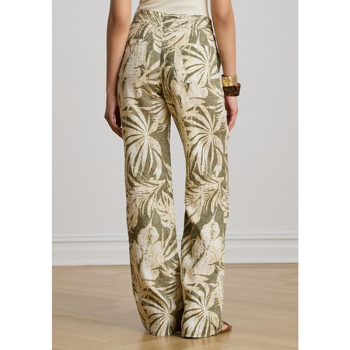 Women's Palm Frond Print Linen Wide Leg Pants - 2