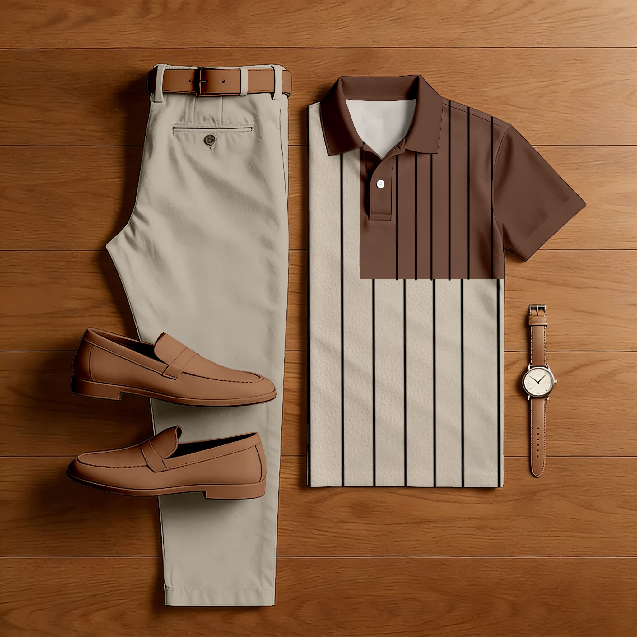 Conjunto de dos piezas casual Light Brown & Coffee Color Matching a rayas estampado de manga corta camisa polo & Trousers para hombre