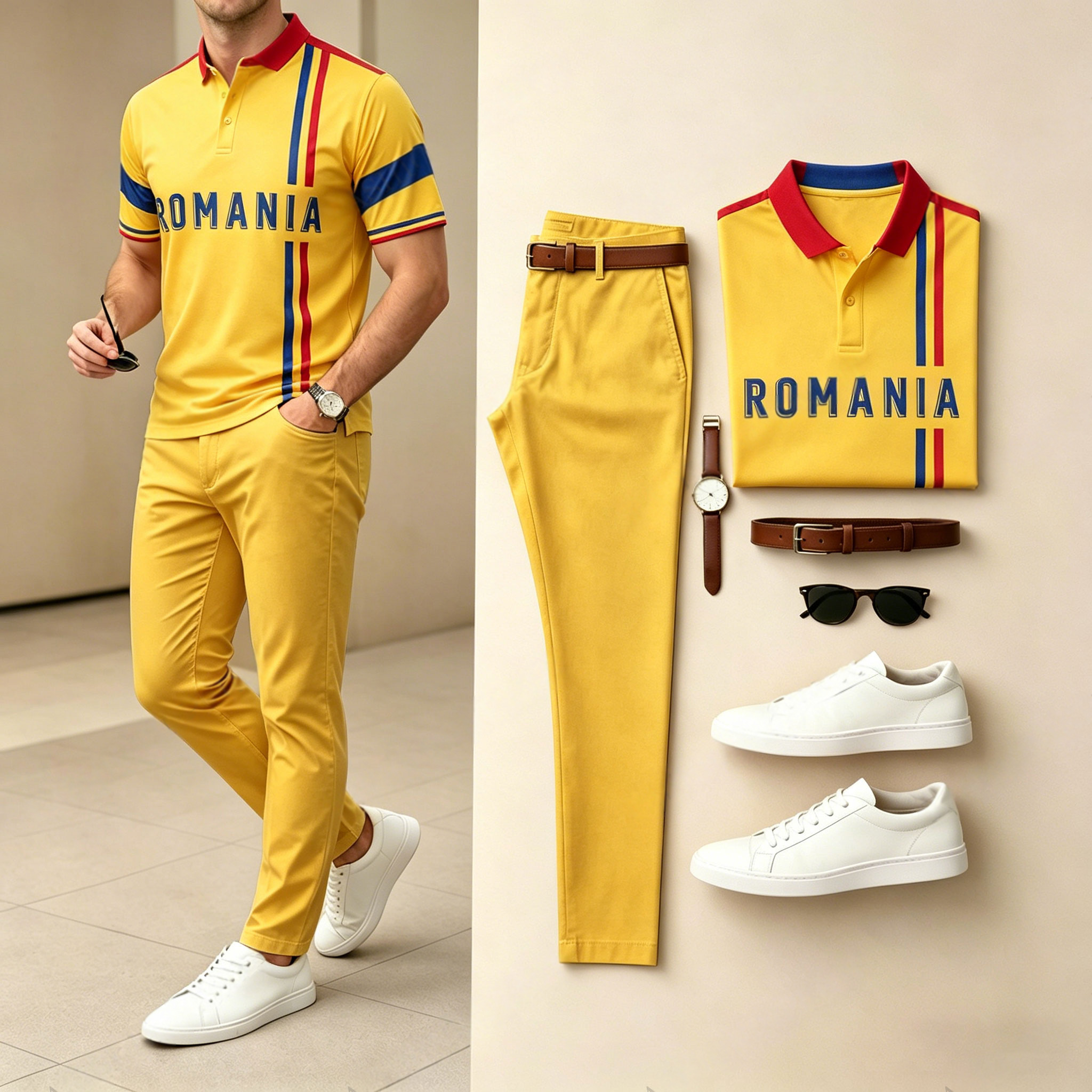 Conjunto de dos piezas casual Pale Yellow Sporty estampado camisa polo And pantalón para hombre