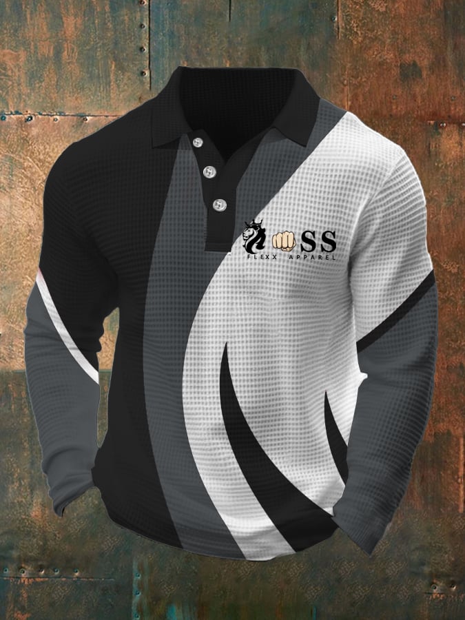 Camisa polo retro Letter Design Waffle Fabric de manga larga para hombre