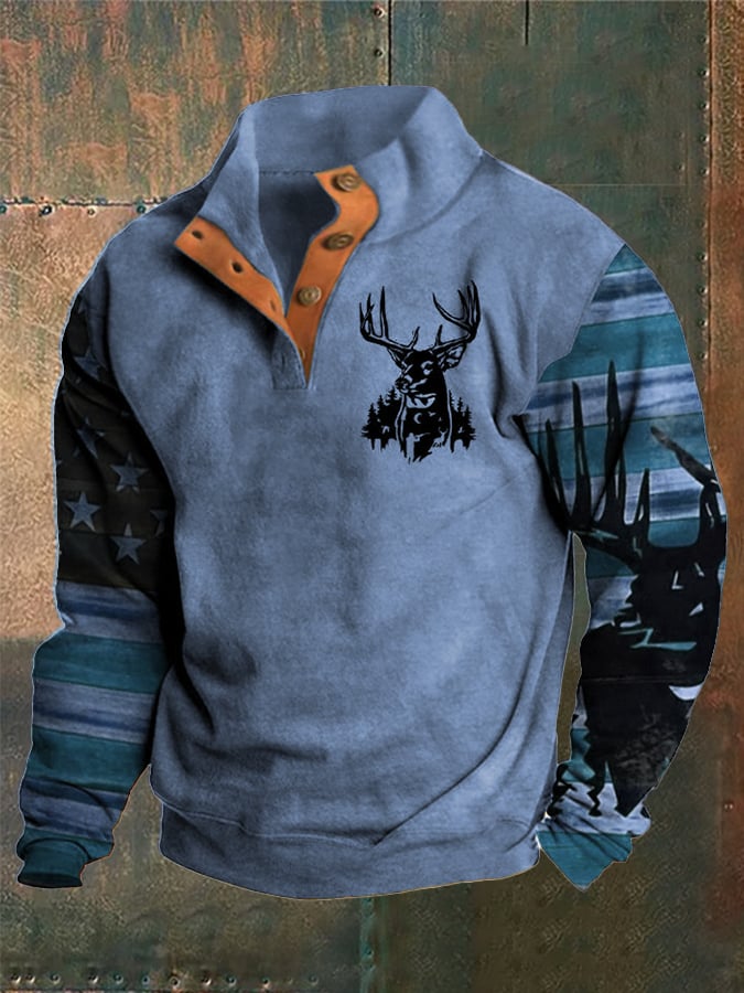 Sudadera Western Style estampado Stand cuello Button para hombre